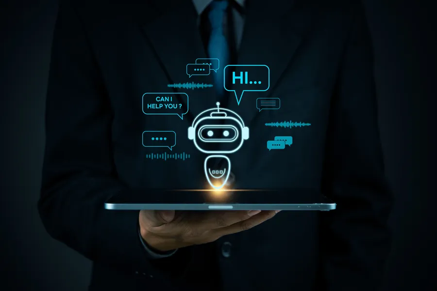 Digital assistant chat bot projected above a tablet
