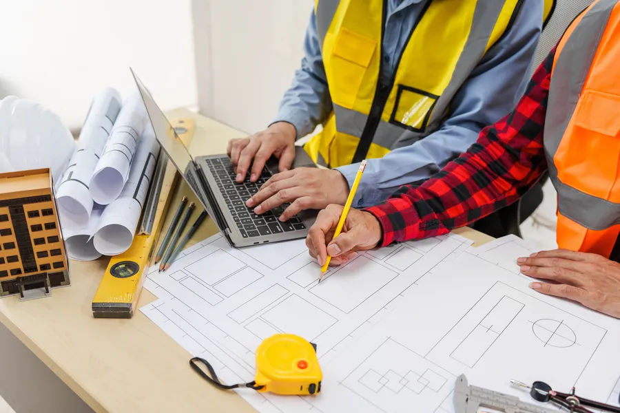 Construction team working over blueprints and a laptop